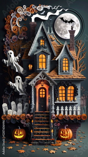 A Halloween themed drawing of a house with ghosts and pumpkins photo