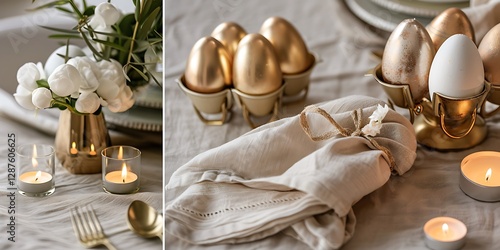 Chic Easter tablescape featuring soft linen napkins elegant eggs in gold holders and warm candlelight reflections photo