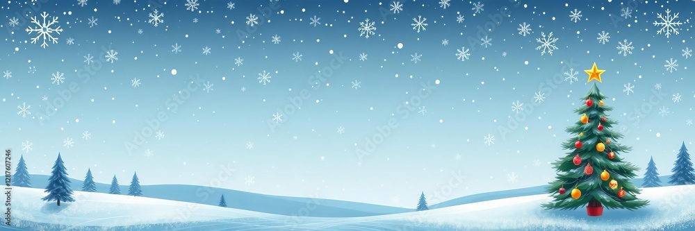 Snow-covered landscape with a Christmas tree, falling snow, and Snow-covered landscape with a Christmas tree, falling snow, and