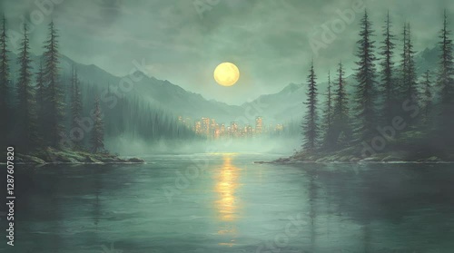 A tranquil moonlit lake surrounded by tall pine trees and misty mountains. The glowing full moon casts a golden reflection on the water, creating a mysterious and calming nighttime ambiance.