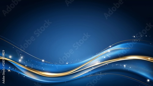 Blue luxury background with golden line, blue curve, shiny dots and glitter light effect.