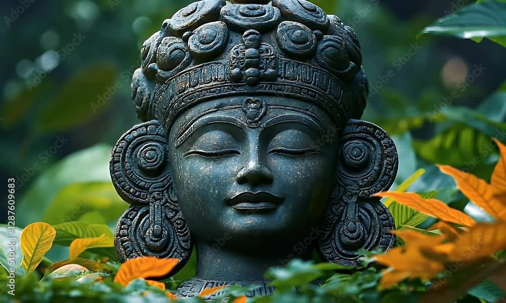 Serene Buddha statue amidst lush garden foliage Serene Buddha statue amidst lush garden foliage