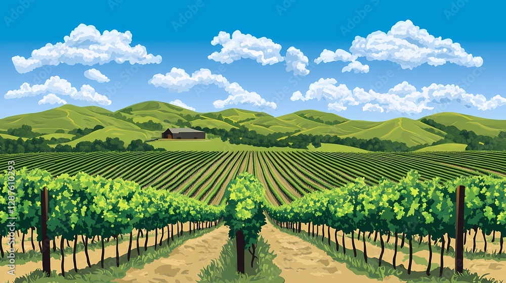 Fototapeta premium Serene Vineyard Landscape Rolling Hills Lush Grapevines Sunny Sky
