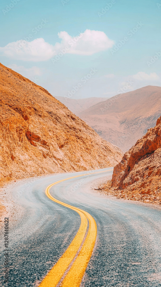 Naklejka premium Curvy mountain pass road surrounded by rocky terrain and blue sky