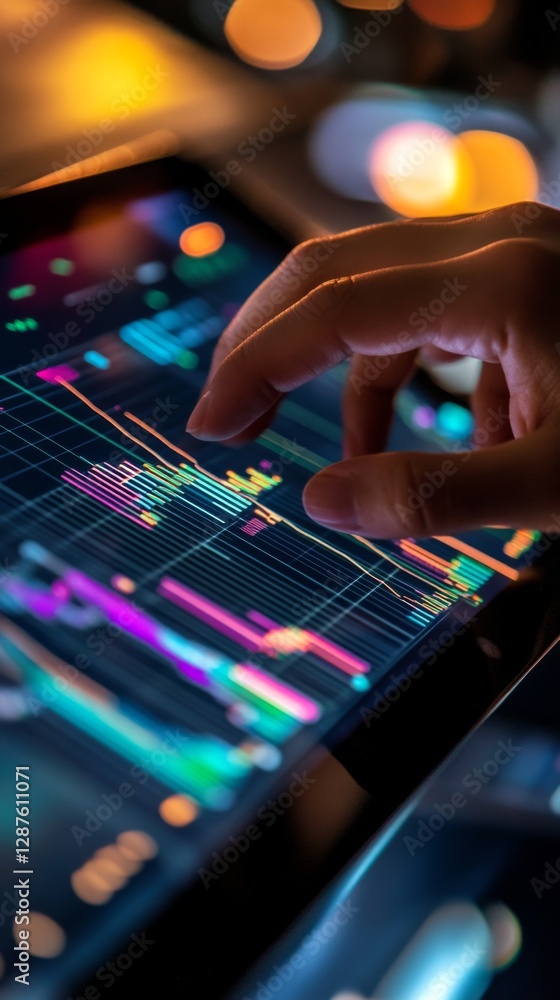 A close-up of a hand navigating through colorful data charts on a digital screen. The vibrant graphs represent analytics and market trends. Generative AI A close-up of a hand navigating through colorful data charts on a digital screen. The vibrant graphs represent analytics and market trends. Generative AI