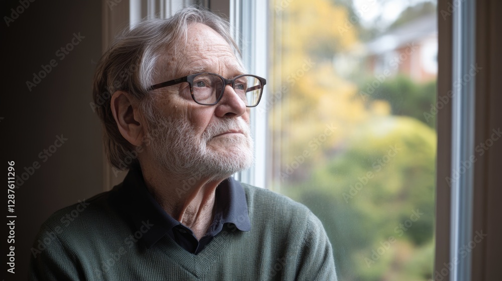 Dementia symptoms in a senior looking through a window with a distant expression. Featuring memory loss and emotional detachment Dementia symptoms in a senior looking through a window with a distant expression. Featuring memory loss and emotional detachment