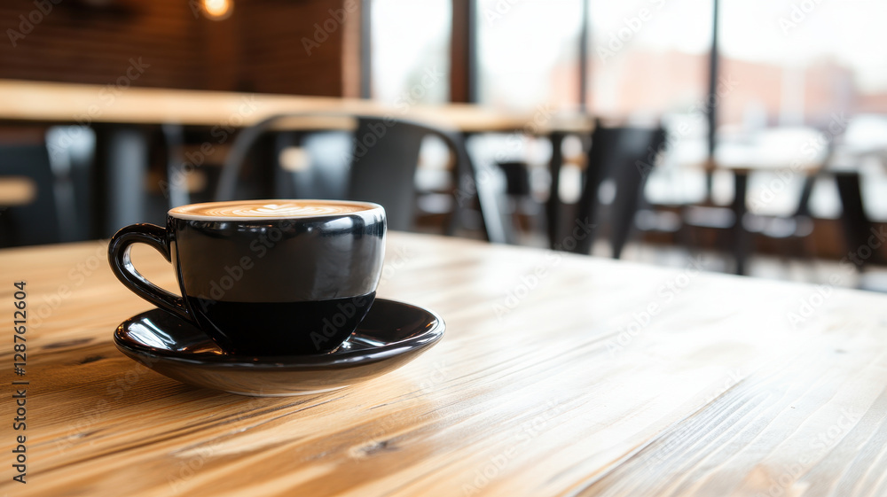black coffee cup on saucer sits on wooden table in trendy cafe, creating cozy atmosphere black coffee cup on saucer sits on wooden table in trendy cafe, creating cozy atmosphere