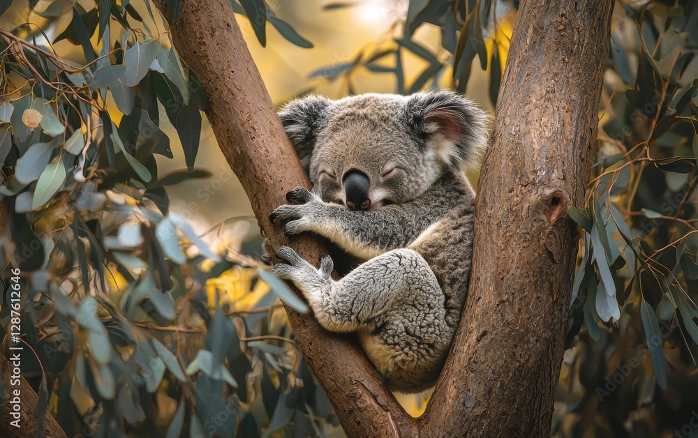 Obraz premium Professional stock photo of a Sleepy koala clinging to a tree branch in a eucalyptus forest