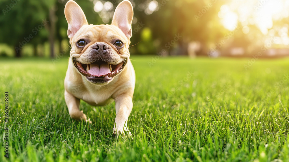 Fototapeta premium Happy French bulldog running in green park, enjoying sunny day