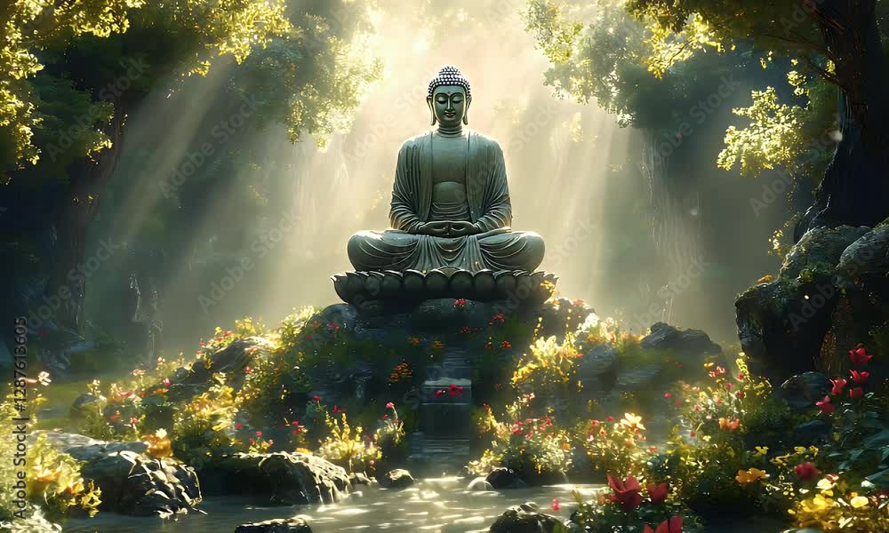 Serene Buddha statue forest meditation peace garden sunlight Serene Buddha statue forest meditation peace garden sunlight