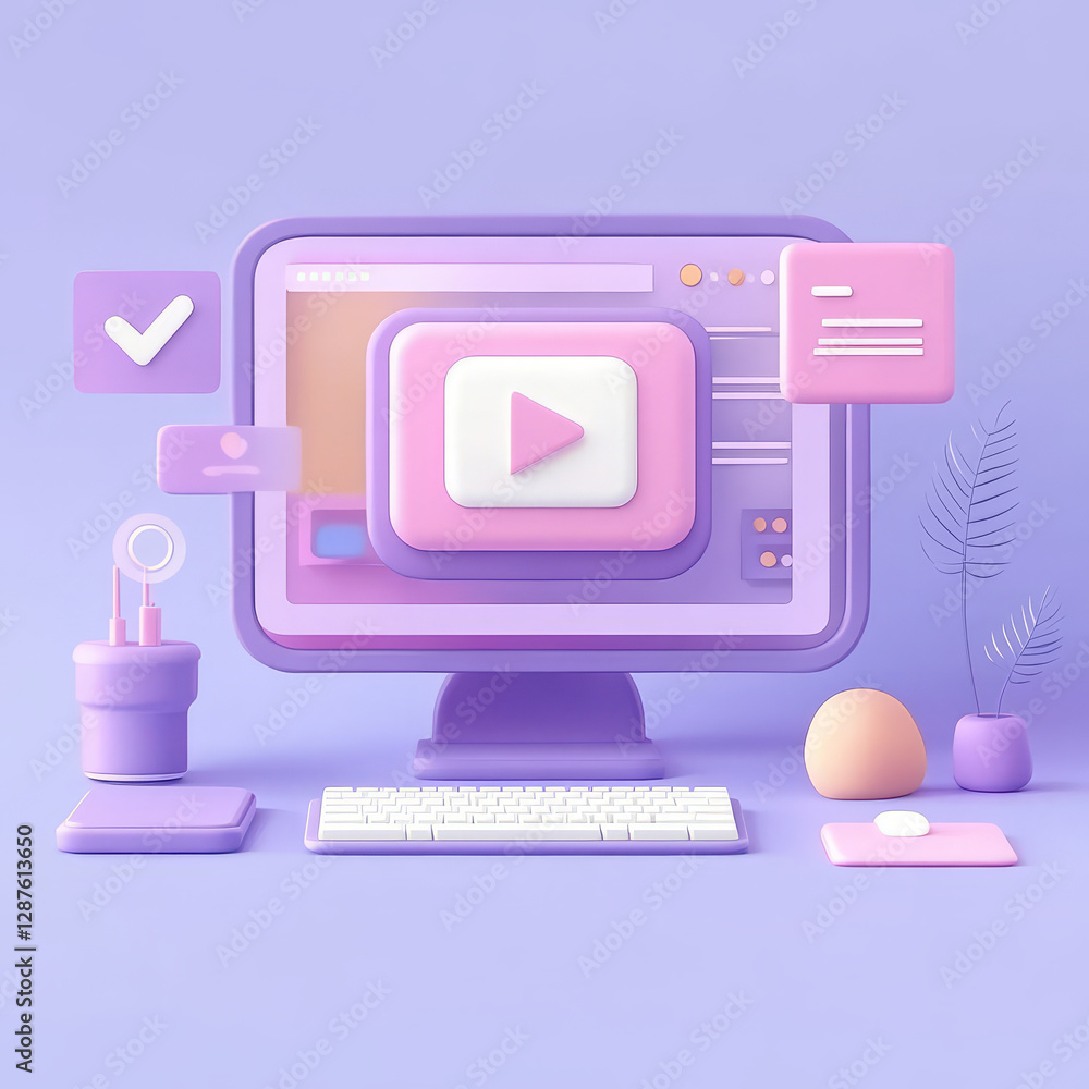 modern 3D render of computer setup featuring purple color scheme, showcasing web design elements, video play button, and digital tools