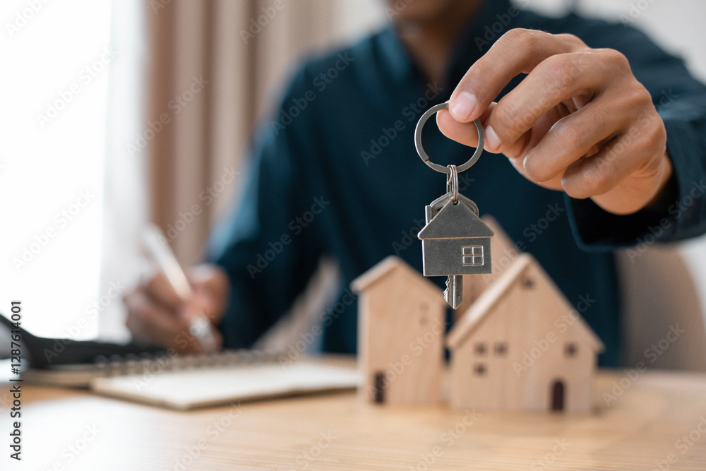Real estate agent handed over the key to new home , analyzing mortgage loan home and insurance real property mortgage. interest rate, Investment planning, business real estate. Real estate agent handed over the key to new home , analyzing mortgage loan home and insurance real property mortgage. interest rate, Investment planning, business real estate.