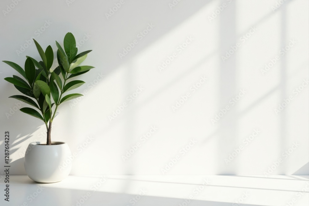 Serene Minimalist Plant in White Pot Basking in Sunlight Against a Clean White Wall Serene Minimalist Plant in White Pot Basking in Sunlight Against a Clean White Wall