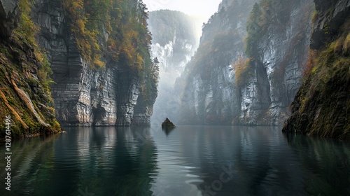Solitary Boat on a Misty River in a Deep Canyon