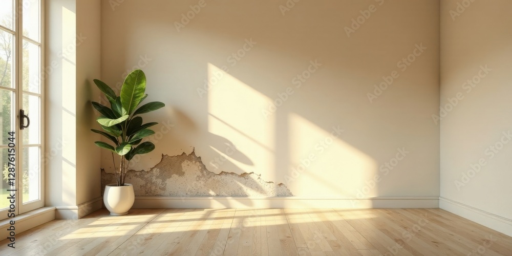 Fototapeta premium Sunlit Room Corner with Plant and Damaged Wall
