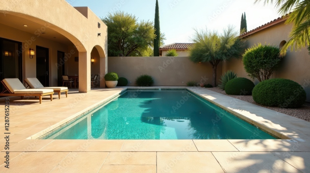 Obraz premium Sun-drenched Patio Oasis Featuring a Sparkling Swimming Pool and Luxurious Lounge Chairs