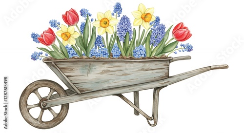 Wheelbarrow overflowing with beautiful spring flowers in full bloom