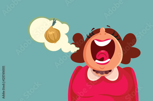 Woman Talking Smelling Onion Like Vector Character. Lady having a bad breath problem from plaque and nasty food
