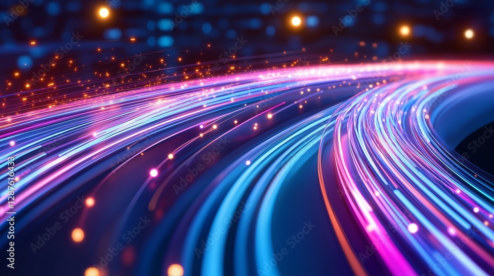Vibrant neon fiber optic cables move rapidly, creating abstract patterns with multicolored lights against a dark backdrop, showcasing an electrifying visual effect Vibrant neon fiber optic cables move rapidly, creating abstract patterns with multicolored lights against a dark backdrop, showcasing an electrifying visual effect