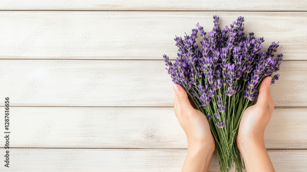 Hands presenting bouquet of lavender flowers in cozy setting Hands presenting bouquet of lavender flowers in cozy setting