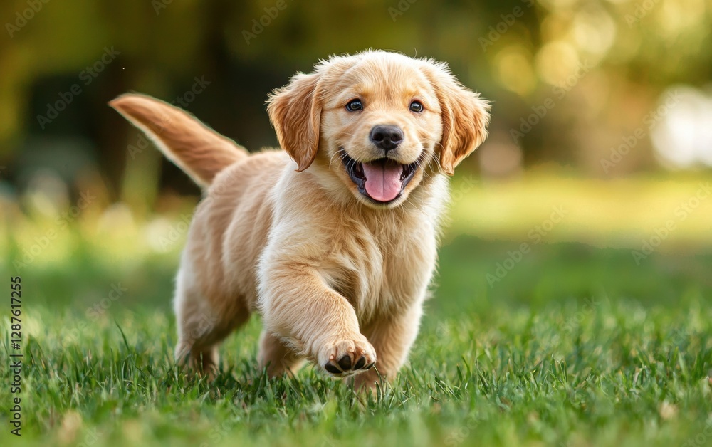 Professional stock photo of a Playful golden retriever puppy running in a green field Professional stock photo of a Playful golden retriever puppy running in a green field