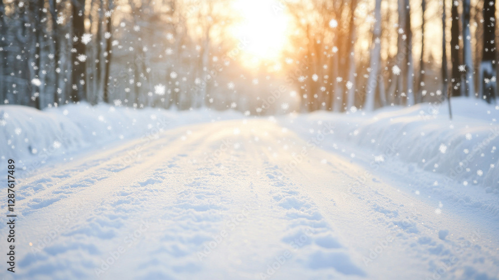 serene winter scene with heavy snowfall on countryside road, illuminated by warm glow of sun serene winter scene with heavy snowfall on countryside road, illuminated by warm glow of sun
