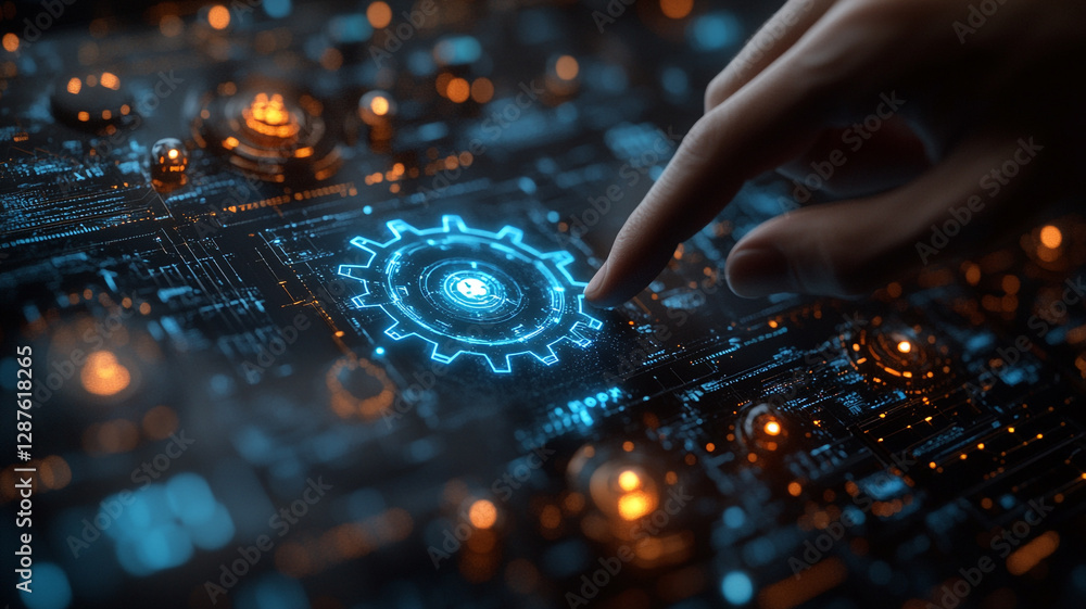 Obraz premium A finger gently activates a glowing gear mechanism symbolizing innovation and technological advancement with a dark, futuristic circuit board background.