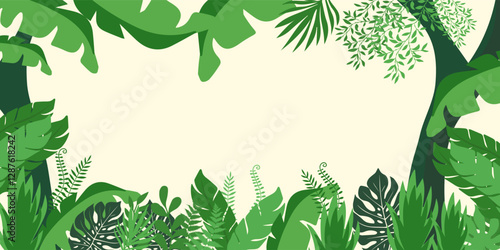 Jungle vector forest silhouette landscape, blue and orange tropical nature background,with leaves frame and copy space