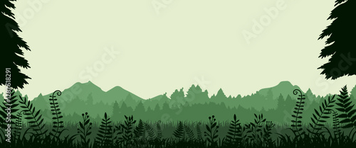 Jungle vector forest silhouette landscape, blue and orange tropical nature background,with leaves frame and copy space