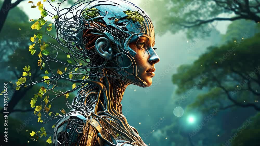 A futuristic female figure with a blend of technology and nature, standing gracefully in a lush forest, showcasing the harmony between organic growth and artificial design during daylight A futuristic female figure with a blend of technology and nature, standing gracefully in a lush forest, showcasing the harmony between organic growth and artificial design during daylight