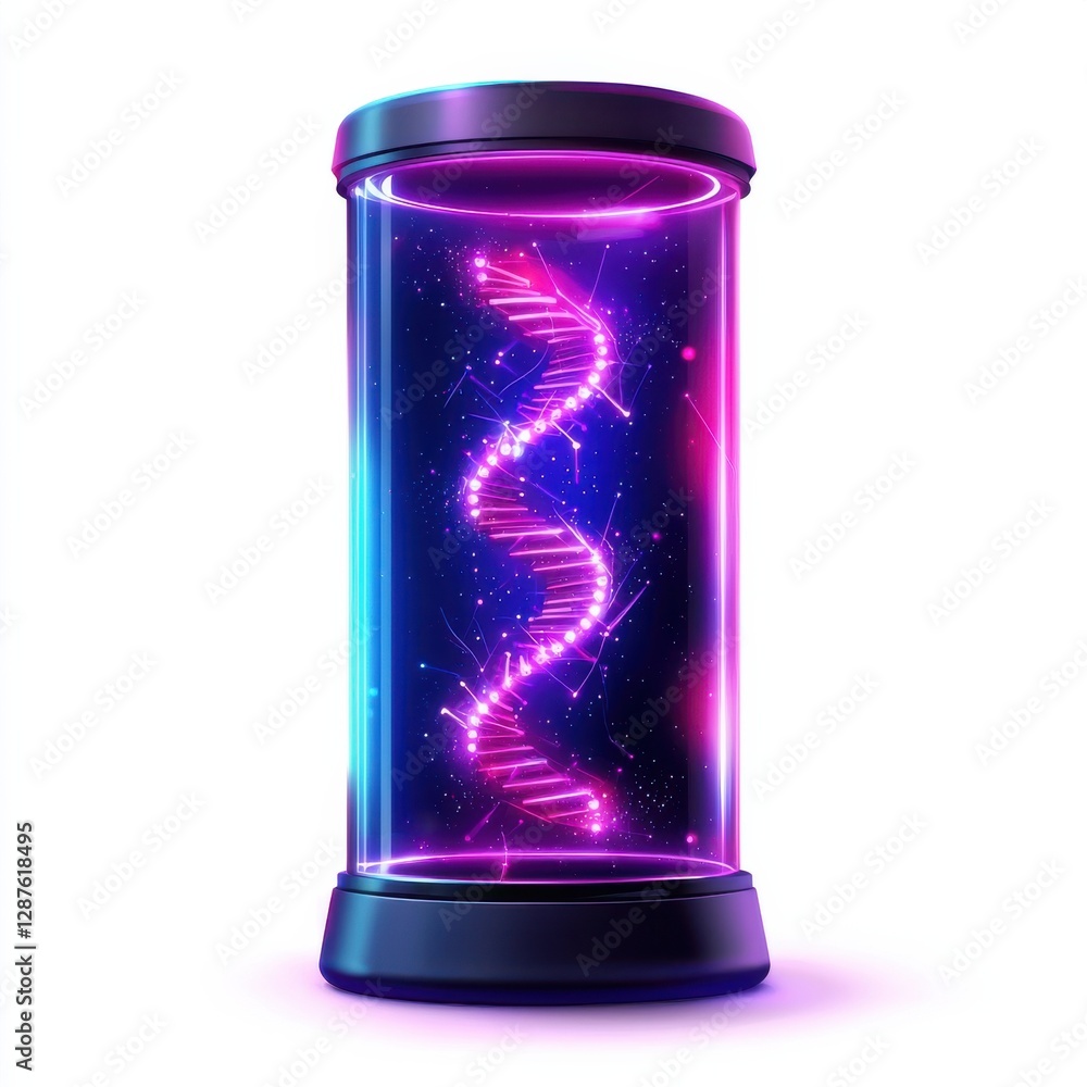 Fototapeta premium A glowing DNA structure is encased in a futuristic cylinder, showcasing vibrant colors that suggest advanced technology and genetic research.