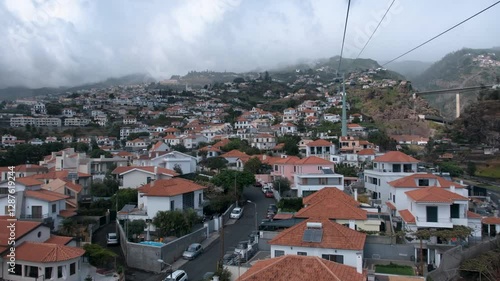 Funchal, Madeira, View from Cable Car traveling towards cloud covered mountain