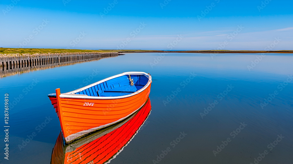 Naklejka premium Calm coastal waters, red boat reflection, sunny day, tranquil scene