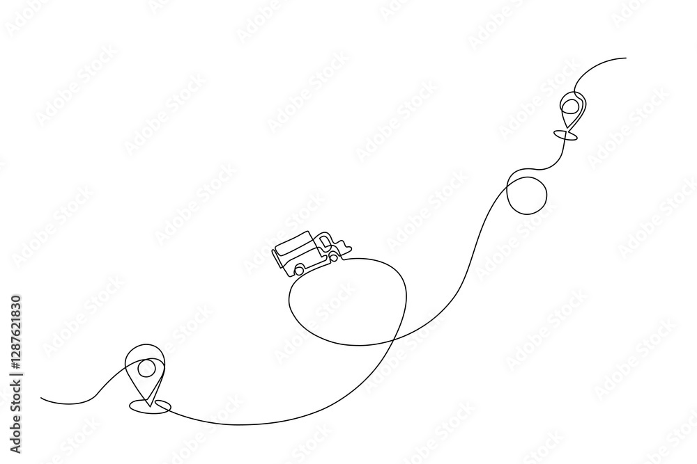 Obraz premium Continuous one line drawing of a delivery truck with location pins, symbolizing logistics, shipping, and navigation. Minimalist vector illustration for transportation concepts, Vector Editable stroke