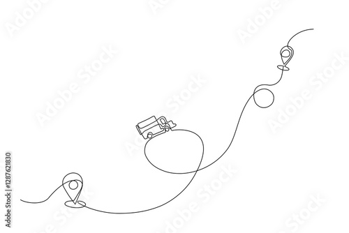 Continuous one line drawing of a delivery truck with location pins, symbolizing logistics, shipping, and navigation. Minimalist vector illustration for transportation concepts, Vector Editable stroke