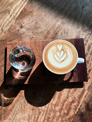 Heart Shaped Latte Art in a green cup on wooden table side.