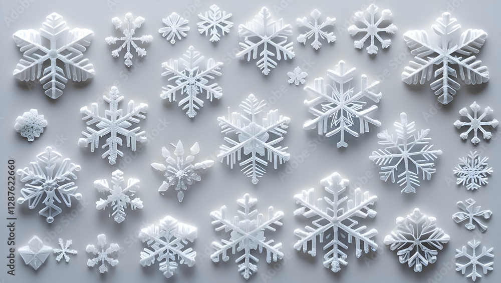 Nature's Art: Macro Snowflakes on White Background Nature's Art: Macro Snowflakes on White Background