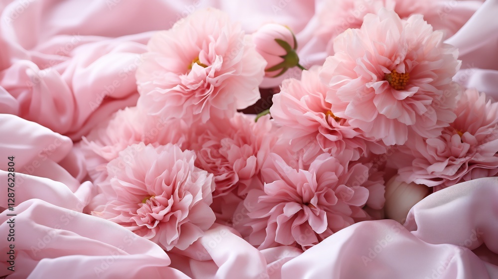 Delicate Pink Flowers Gently Resting On Soft Flowing Silk Fabric Background Delicate Pink Flowers Gently Resting On Soft Flowing Silk Fabric Background