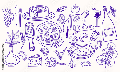 Hand drawn Italian food set. Bread, wine, cheese, olives, grapes, tomatoes and dishes are suitable for personal design.