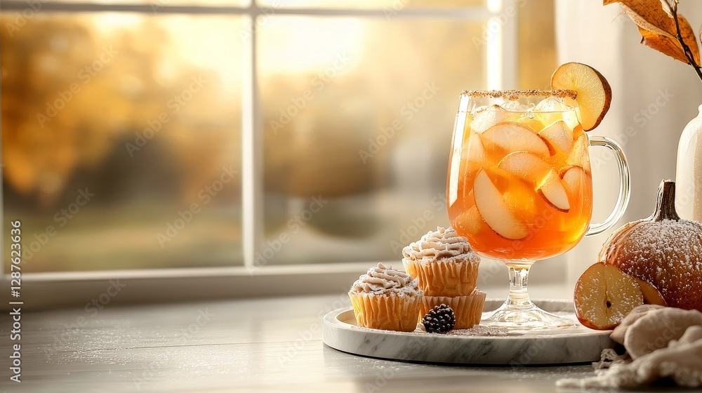 Fototapeta premium An inviting scene with a glass of spiced pear sangria and matching Thanksgiving-themed desserts, placed by a window with natural light streaming in