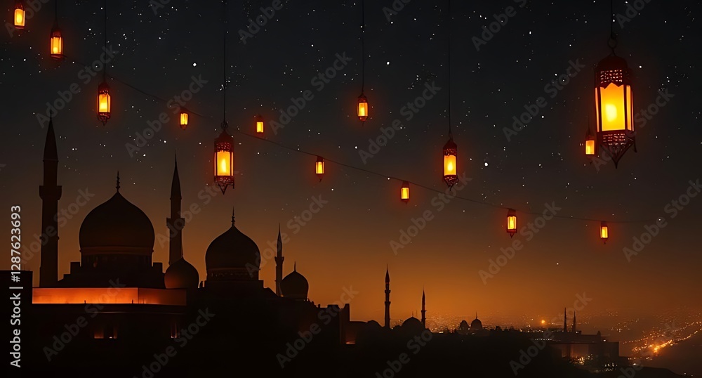 Obraz premium Islamic background with mosque, crescent and lanterns