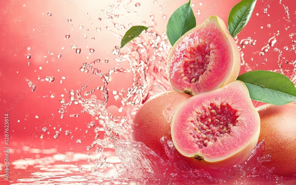 Sweet guava with soft pink juice bursting in motion, neon coral background Sweet guava with soft pink juice bursting in motion, neon coral background