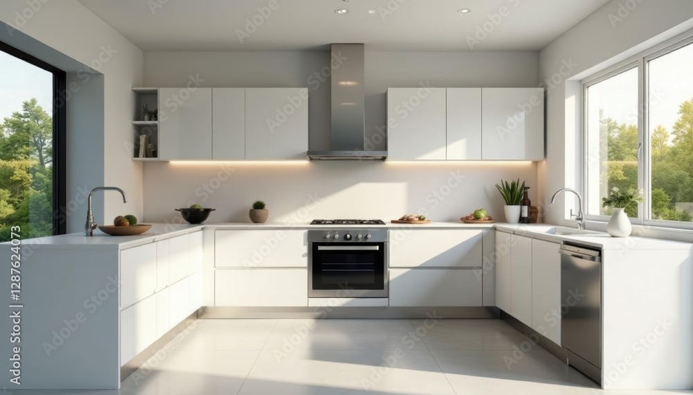 Empty stylish kitchen, glossy cabinets, stainless steel appliances, grey, scandi, nordic Empty stylish kitchen, glossy cabinets, stainless steel appliances, grey, scandi, nordic