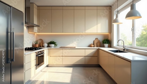 Wallpaper Mural Empty stylish kitchen, glossy cabinets, stainless steel appliances, stainless steel, kitchen design, cooking space Torontodigital.ca