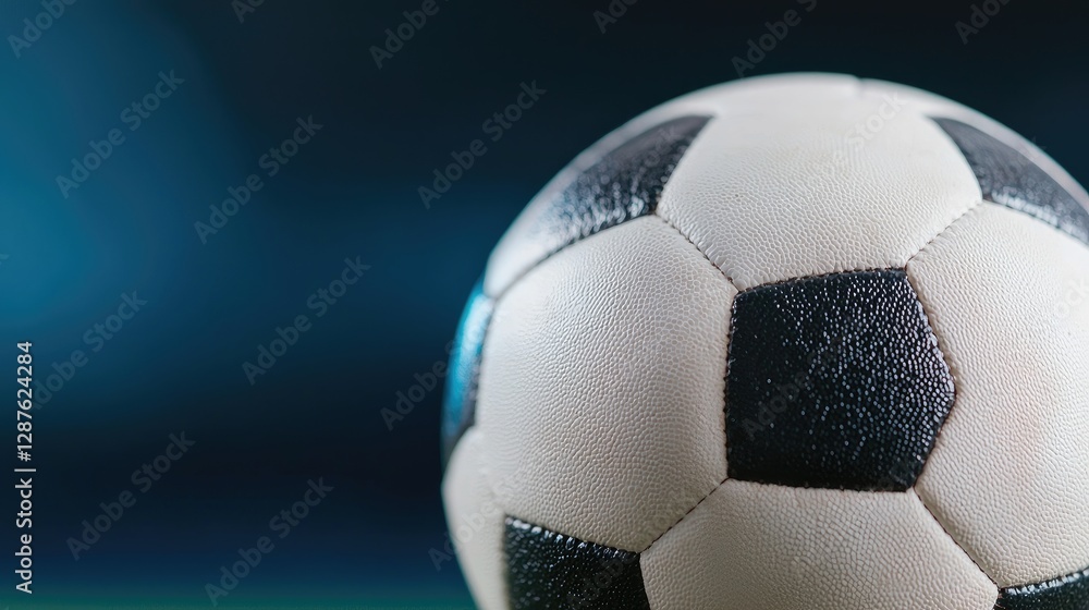 Fototapeta premium Close-up soccer ball, dark background, field. Sports image