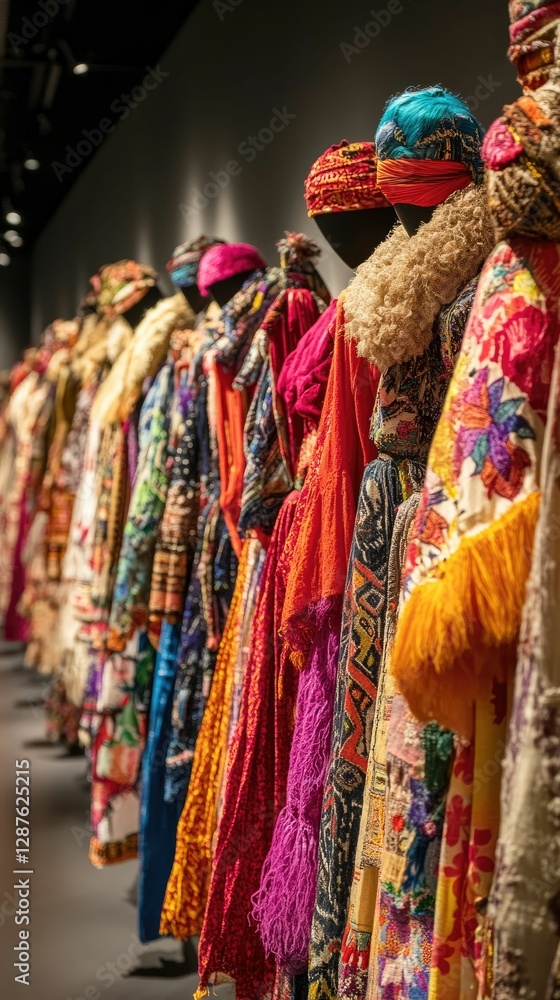 Colorful textiles hang, vibrant patterns displayed. Colorful textiles hang, vibrant patterns displayed.