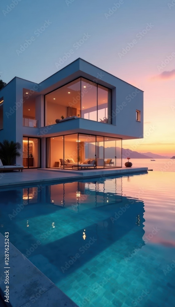 Obraz premium Sleek cube house, infinity pool, sunset reflection, architecture photography, sky
