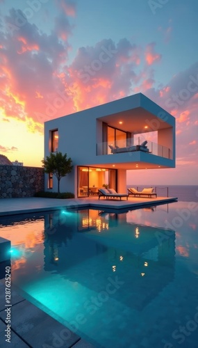 Wallpaper Mural Sleek cube house, infinity pool, sunset reflection, design, reflection, luxury Torontodigital.ca