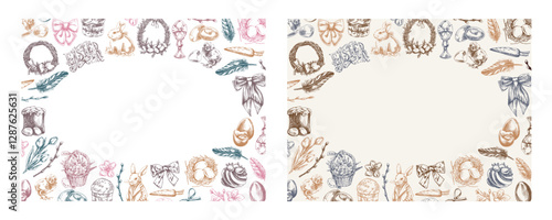 Easter hand drawn vintage frame set with pastel and brown elements