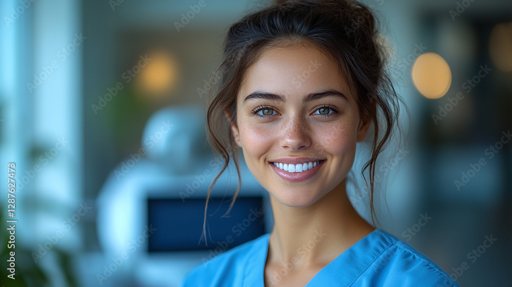 Fototapeta premium A radiant young nurse's confident smile embodies compassion and care, captured in soft, natural light against a blurred background.